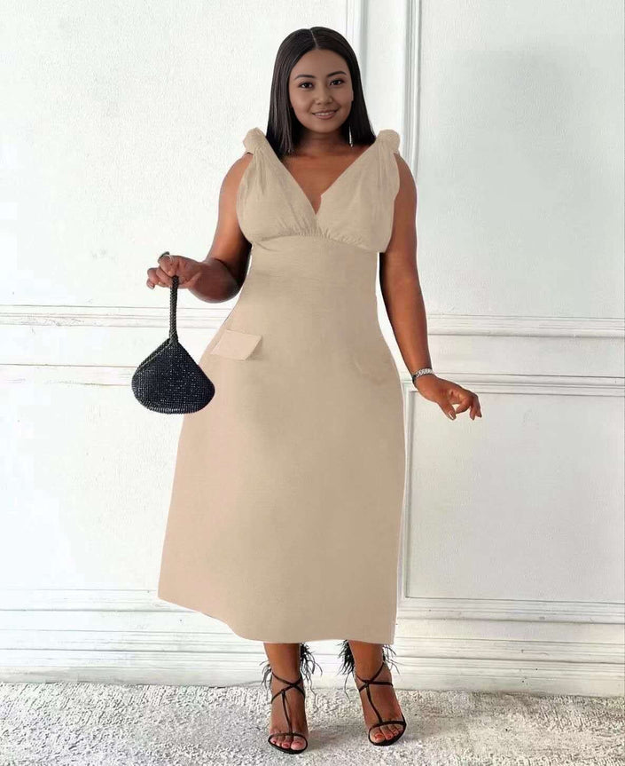 Beige V-neck sleeveless midi dress with pockets and shoulder ruffles