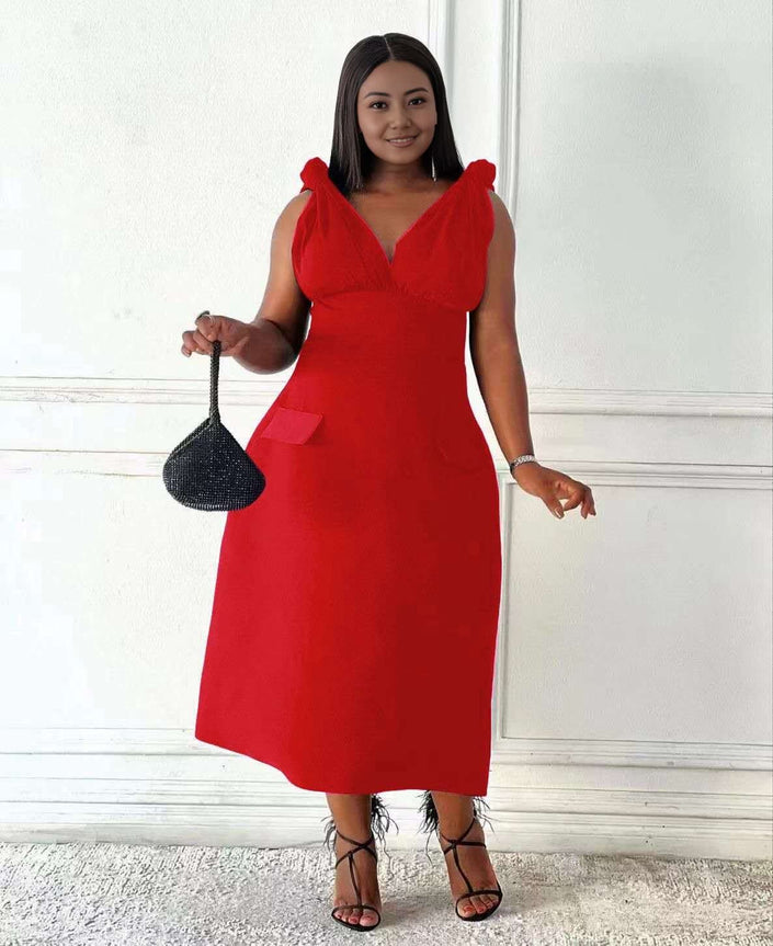 Red V-neck sleeveless midi dress with pockets and shoulder ruffles