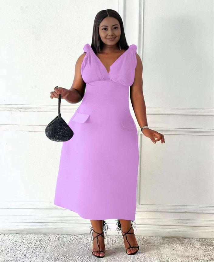 Light-purple V-neck sleeveless midi dress with pockets and shoulder ruffles