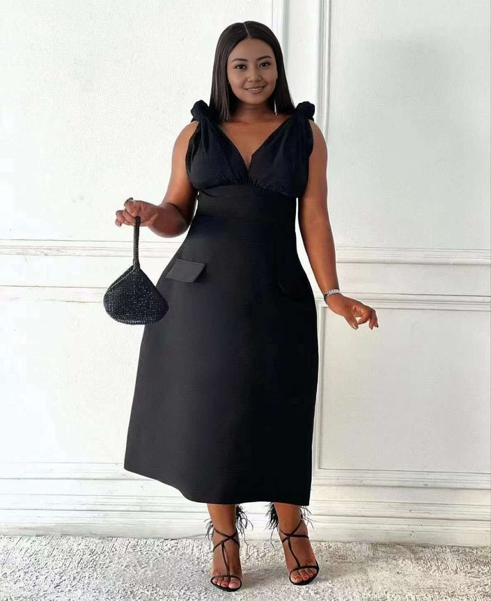 Black V-neck sleeveless midi dress with pockets and shoulder ruffles