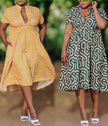 Yellow geometric printed V-neck midi dress with knot waist