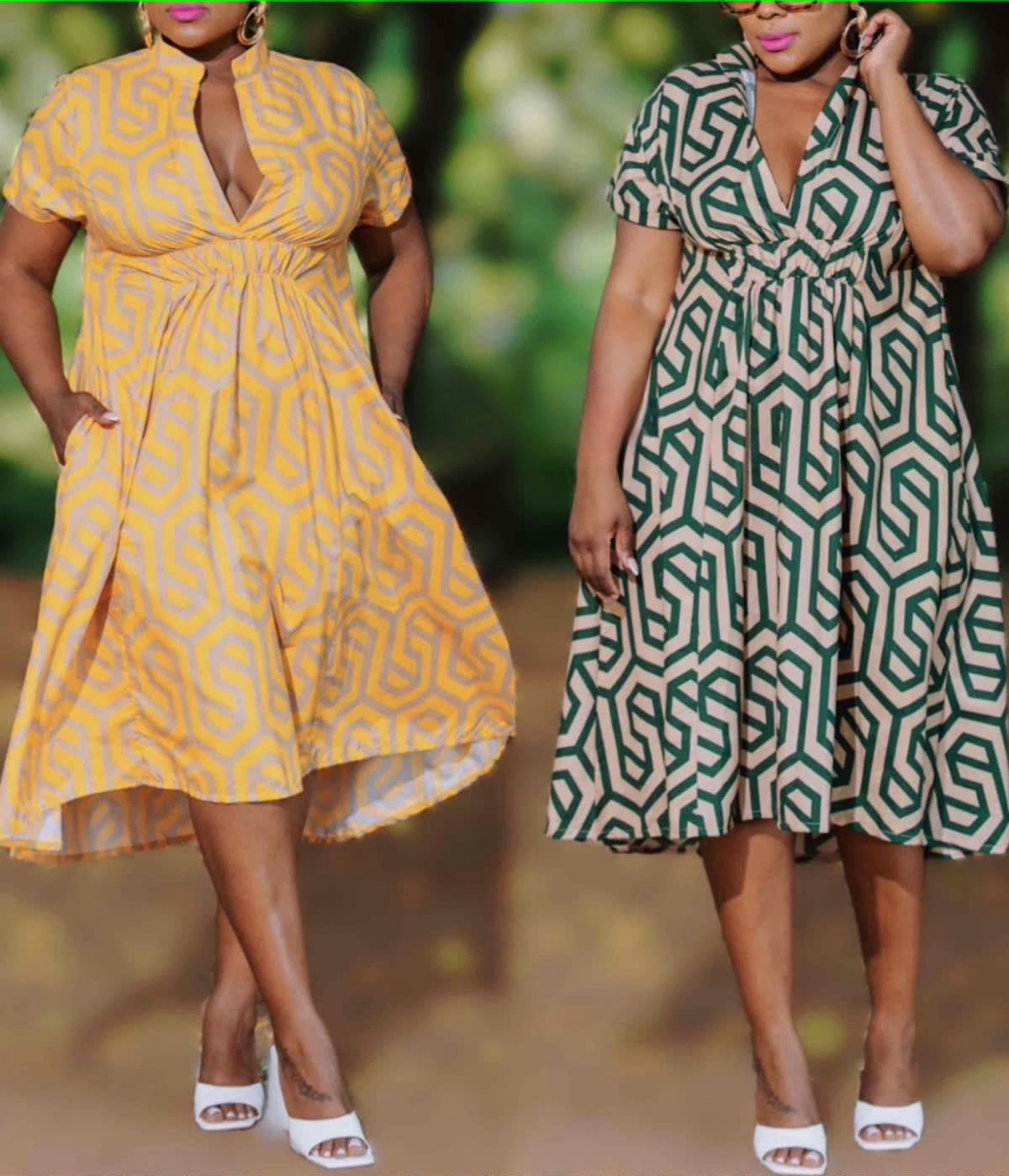 Yellow geometric printed V-neck midi dress with knot waist