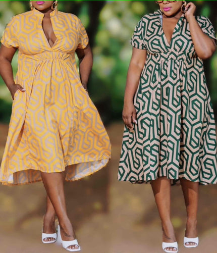 Yellow geometric printed V-neck midi dress with knot waist