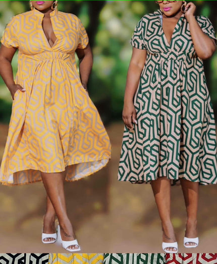 Yellow and green geometric printed V-neck midi dresses with knot waist