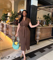 Chocolate brown cap sleeve button-down midi dress with front slit and waist tie belt