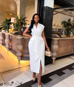 White cap sleeve button-down midi dress with front slit and waist tie belt