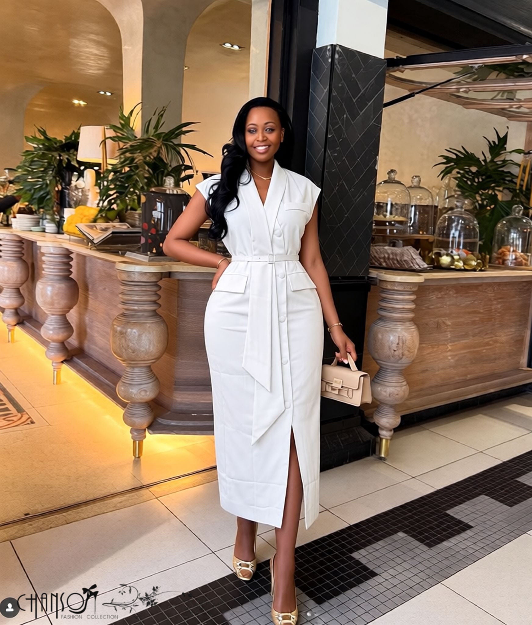 White cap sleeve button-down midi dress with front slit and waist tie belt