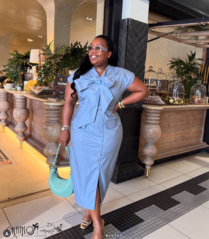 Sky blue cap sleeve button-down midi dress with front slit and waist tie belt