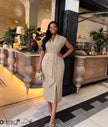 Khaki cap sleeve button-down midi dress with front slit and waist tie belt