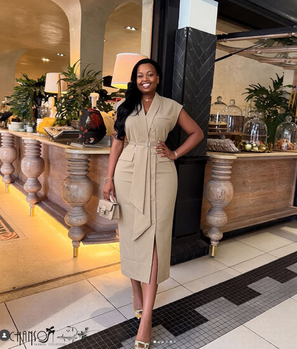 Khaki cap sleeve button-down midi dress with front slit and waist tie belt