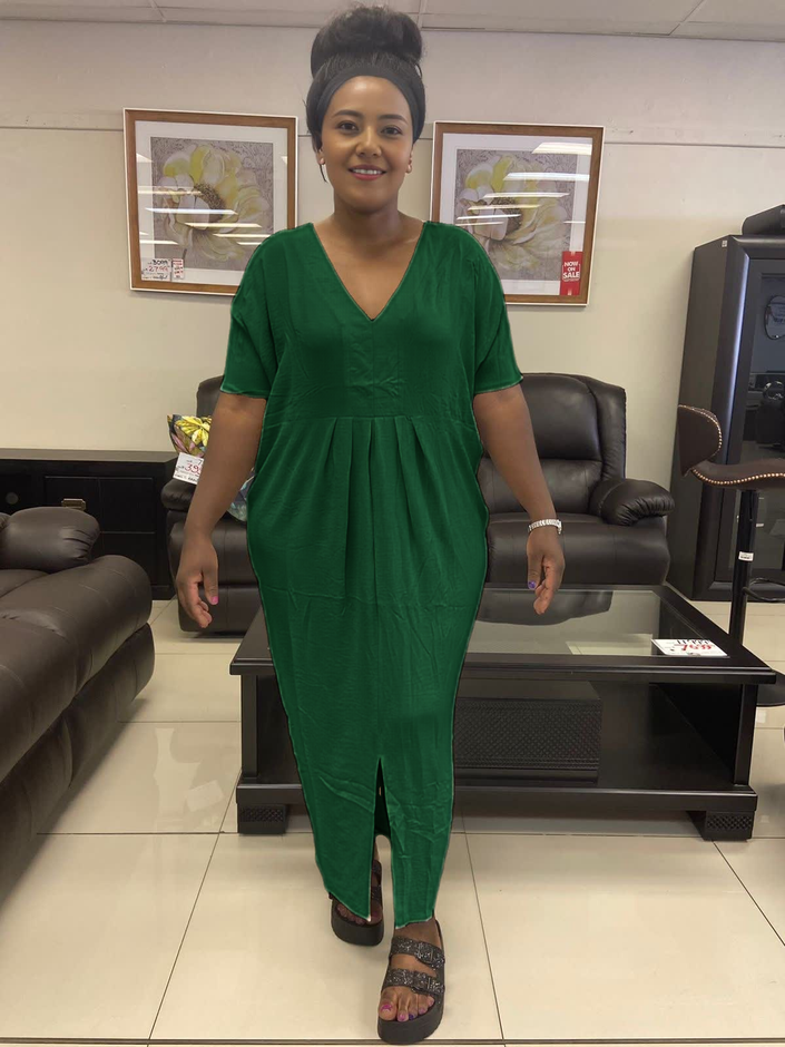 Forest-green v-neck maxi dress with short sleeves, gathered waist and front slit