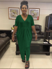 Forest-green v-neck maxi dress with short sleeves, gathered waist and front slit