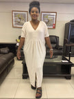 Ivory v-neck maxi dress with short sleeves, gathered waist and front slit
