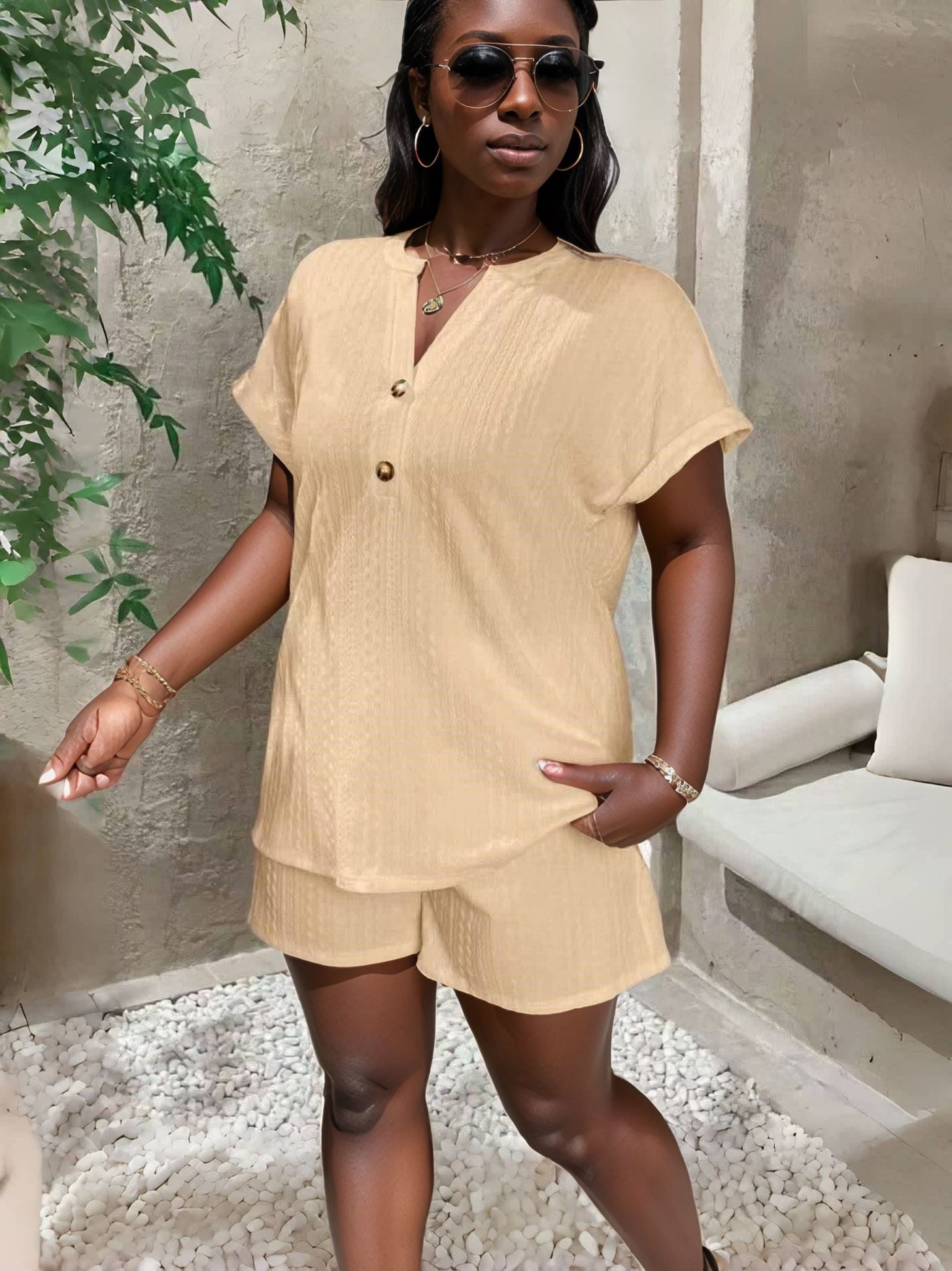 Tan button-front short-sleeve shirt and matching shorts set