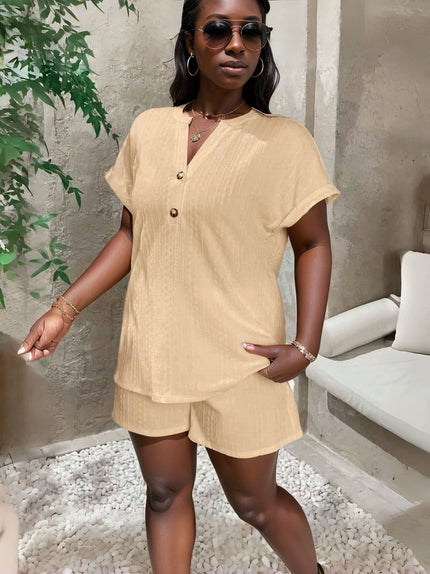 Tan button-front short-sleeve shirt and matching shorts set