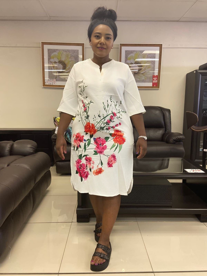 Floral midi dress in white with red/pink blooms, V-neck button front, loose 3/4 sleeves