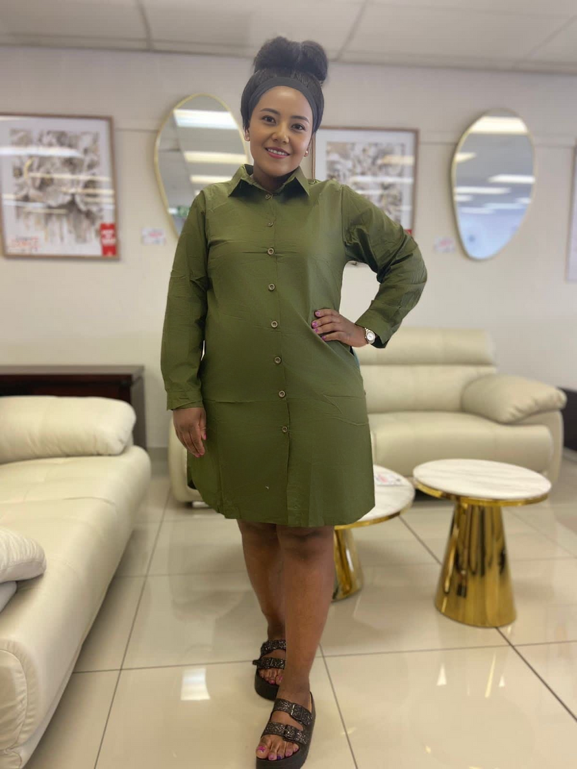Long sleeve shirt dress, olive green, button-front, collared, below-knee length