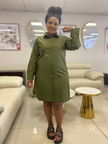 Long sleeve shirt dress, olive green, button-front, collared, front view, knee length