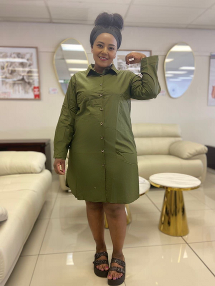 Long sleeve shirt dress, olive green, button-front, collared, front view, knee length