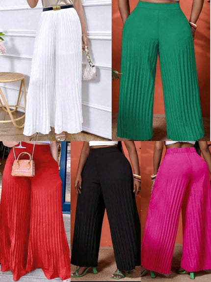 High-waist pleated wide-leg pants in white, black, red, green, and pink.