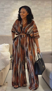 Vertical stripe loose-fit jumpsuit with V-neck, tie waist, short sleeves