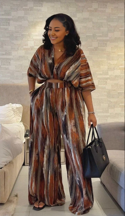 Vertical stripe loose-fit jumpsuit with V-neck, tie waist, short sleeves