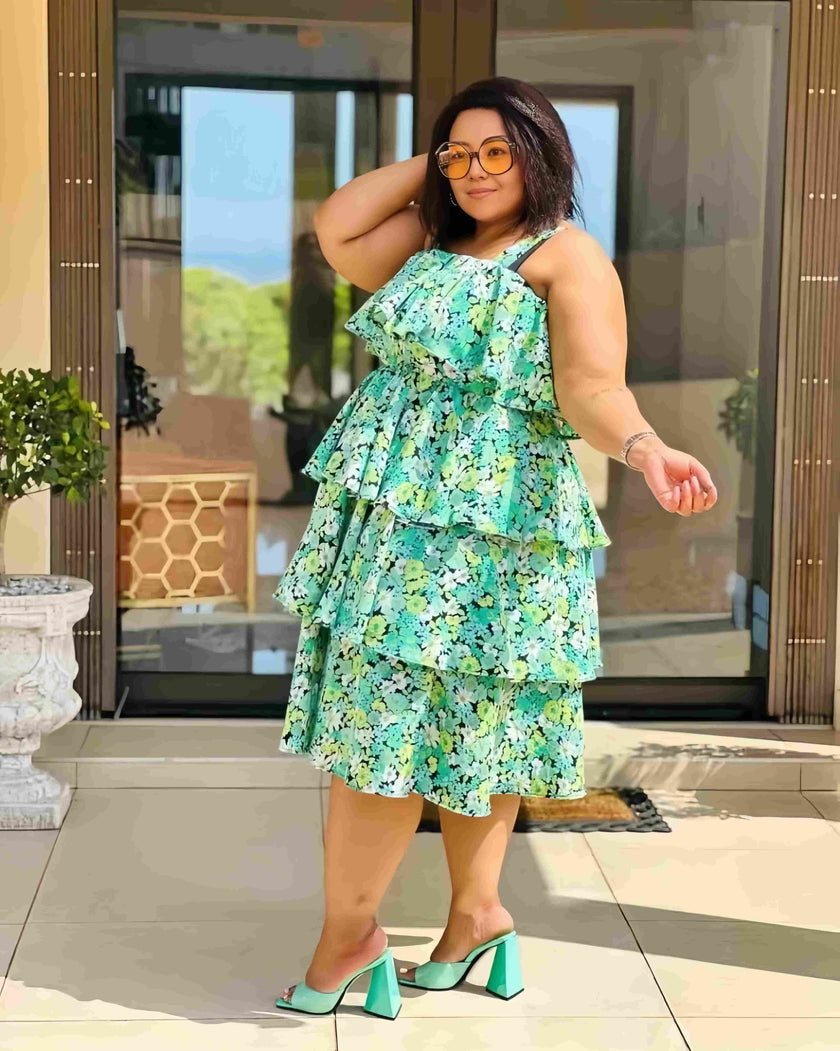 Tiered floral sleeveless midi dress in turquoise, layered ruffled bodice and skirt
