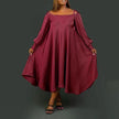 Maroon maxi dress, loose fit, square neckline, batwing sleeves, side pockets.