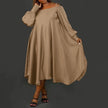 Beige maxi dress with loose fit, square neckline, batwing sleeves, side pockets.