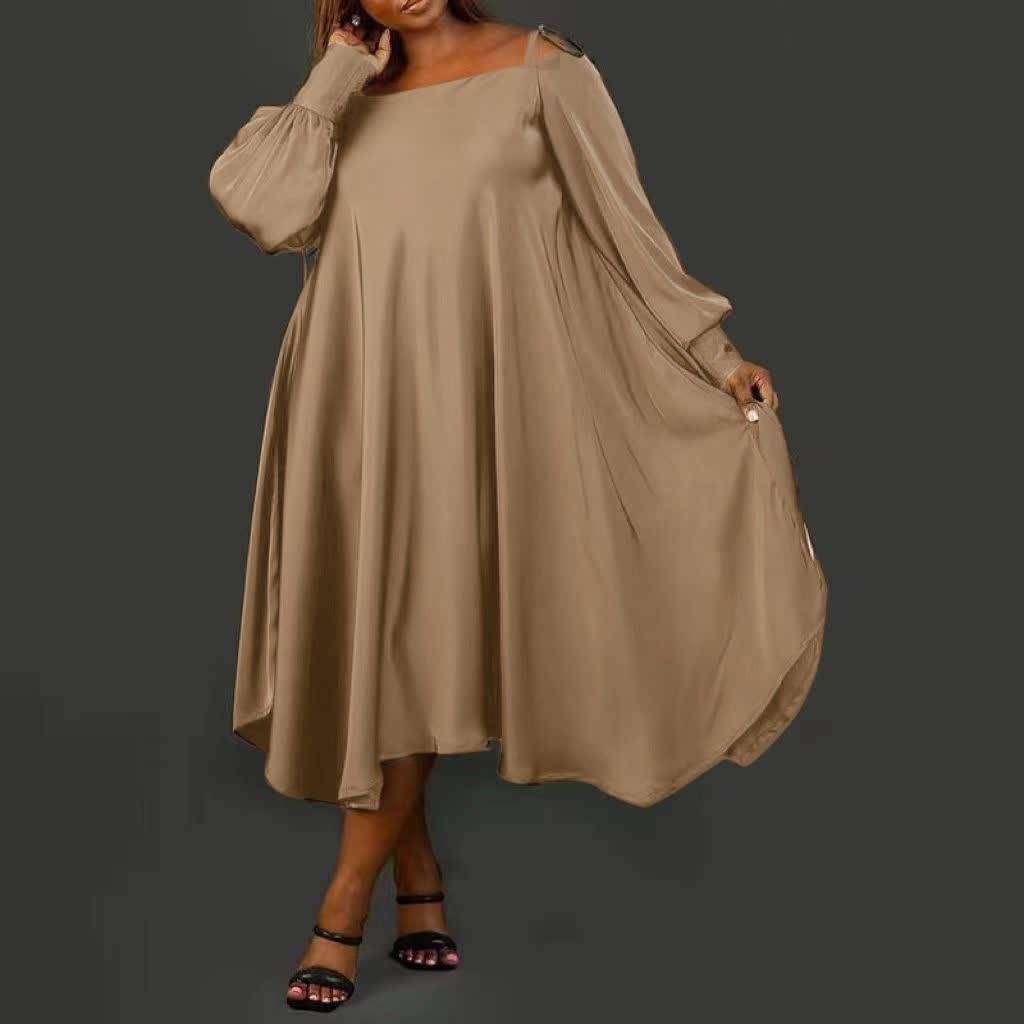 Beige maxi dress with loose fit, square neckline, batwing sleeves, side pockets.