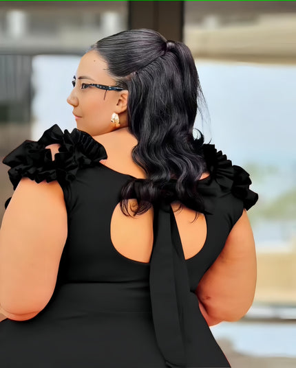 Black A-line midi dress with ruffled floral shoulder detail
