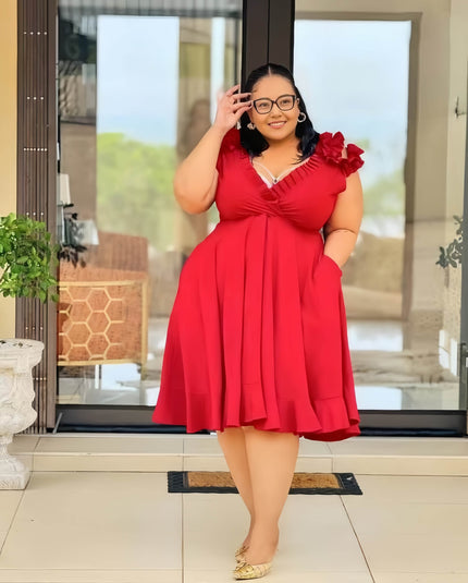 Red A-line midi dress with floral shoulder detail and V-neck