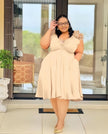Beige A-line midi dress with floral shoulder detail and V-neck