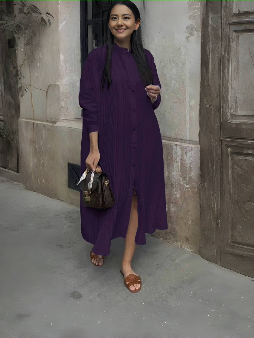 Purple shirt dress with stand collar, button front, long sleeves, side slit