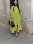 Yellow-green shirt dress with stand collar, button front, long sleeves, side slit