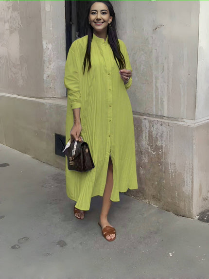 Yellow-green shirt dress with stand collar, button front, long sleeves, loose maxi fit