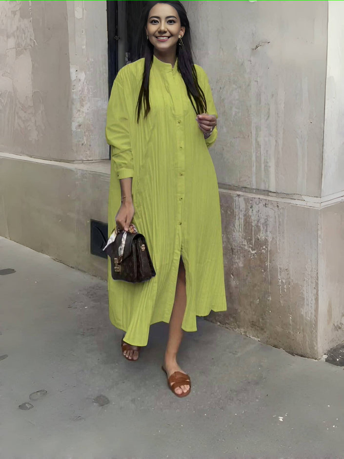 Yellow-green shirt dress with stand collar, button front, long sleeves, loose maxi fit