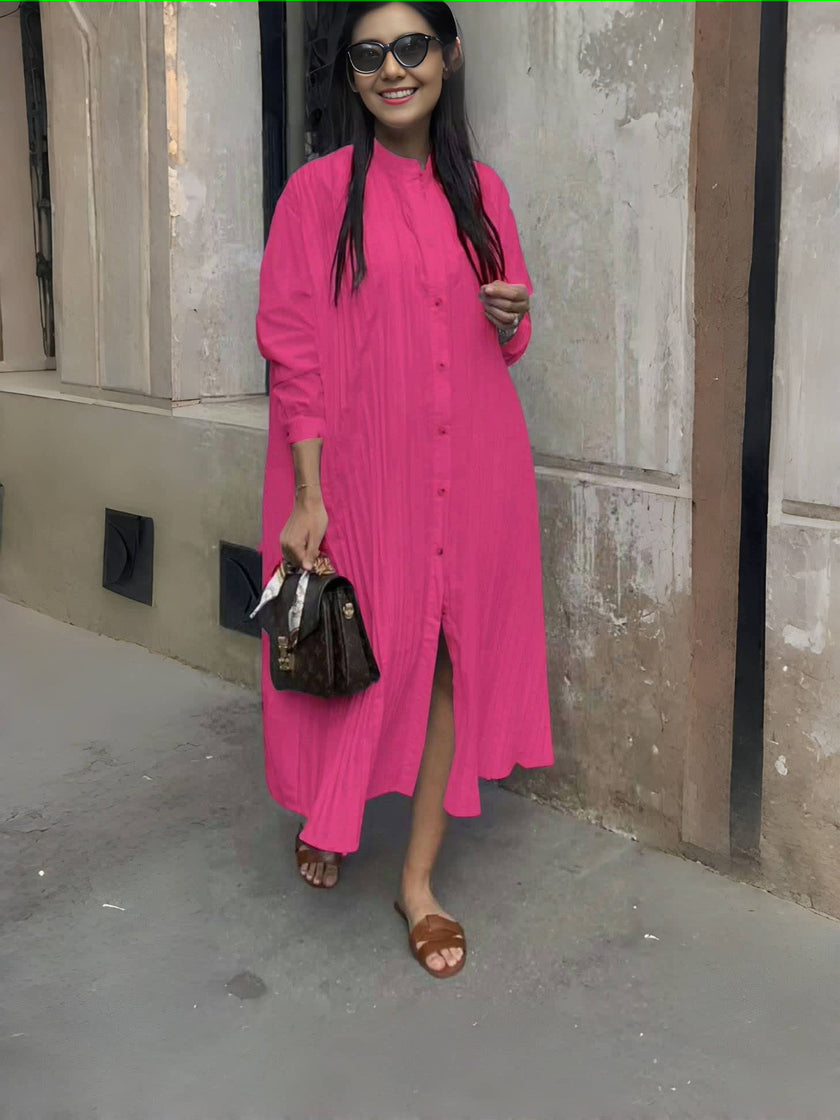 Deep-pink shirt dress with stand collar, button front, long sleeves, side slit