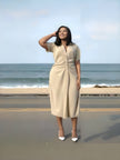 Beige midi dress with V-neck, short sleeves, ruched waist front
