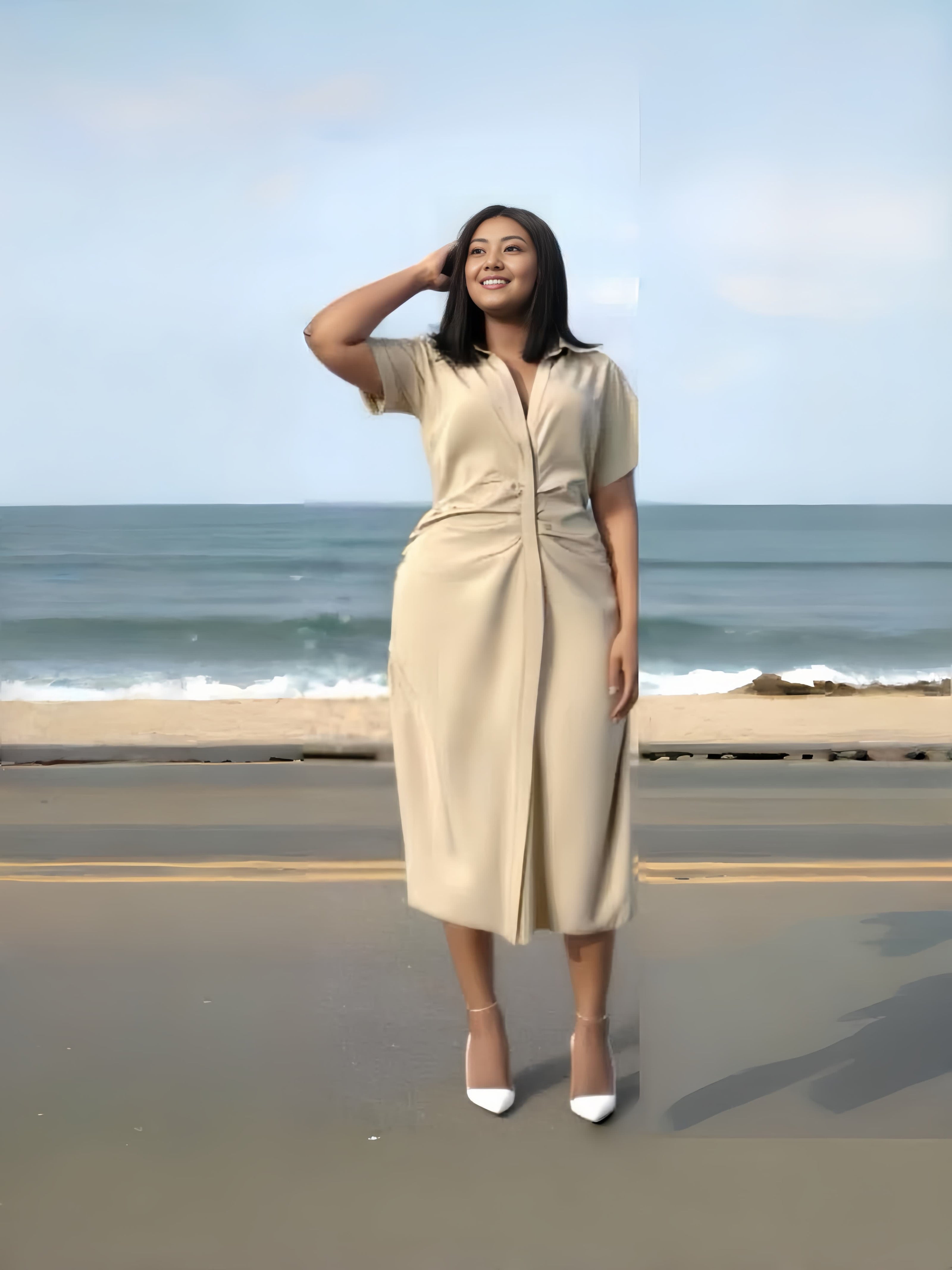 Beige midi dress with V-neck, short sleeves, ruched waist front