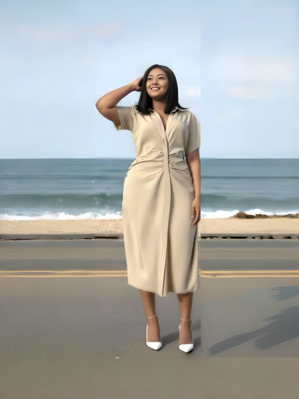 Beige midi dress with V-neck, short sleeves, ruched waist front