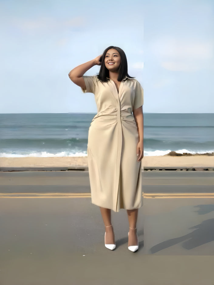 Beige midi dress with V-neck, short sleeves, ruched waist front