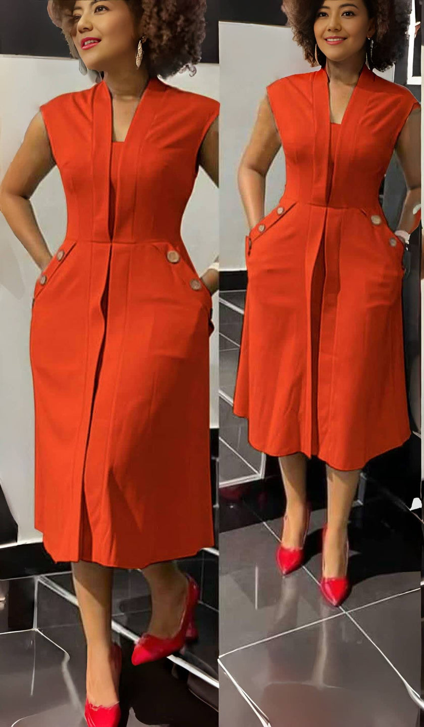 Orange-red sleeveless midi dress with vertical front placket and waist buttons
