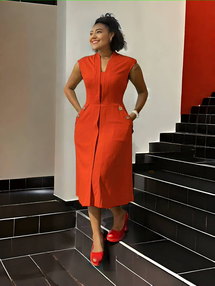 Orange-red sleeveless midi dress with V-neck, front button placket and waist darts