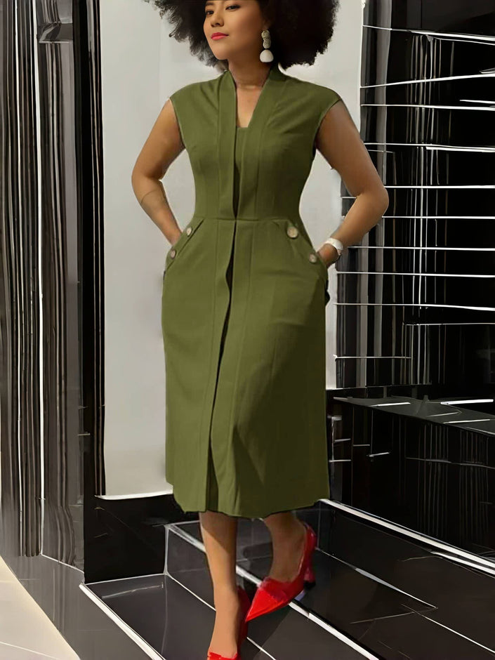 Army-green sleeveless midi dress with front button placket and side-seam pockets