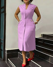 Light-purple sleeveless midi dress with V-neck and front button placket