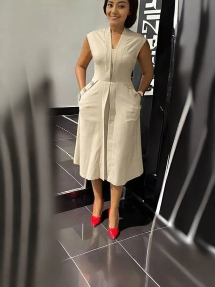 Beige sleeveless midi dress with V-neck, front button placket and waist seams