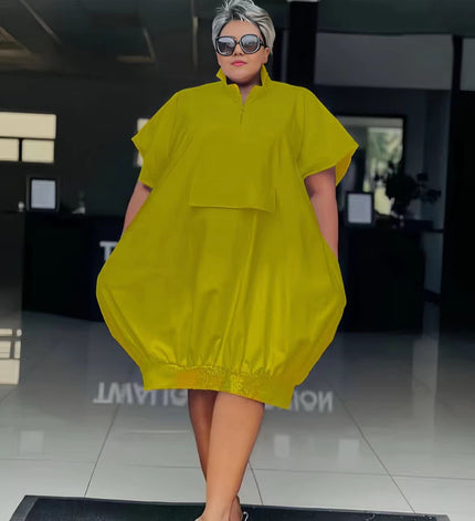 Plus size maxi dress in green-yellow, short sleeves and front button placket