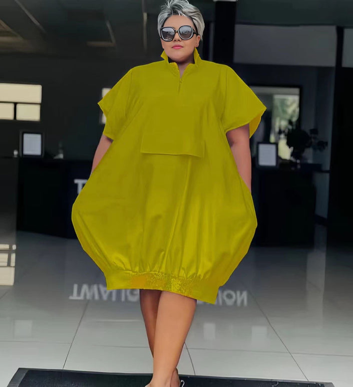 Plus size maxi dress in green-yellow, short sleeves and front button placket