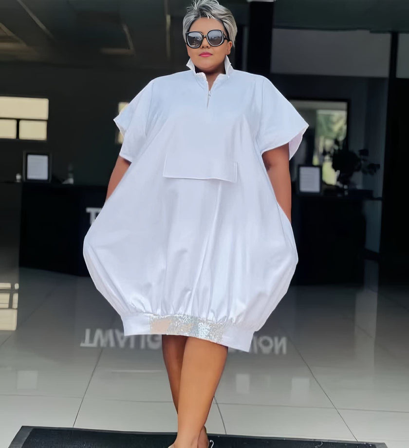Plus size maxi dress in white, short sleeves and front button placket